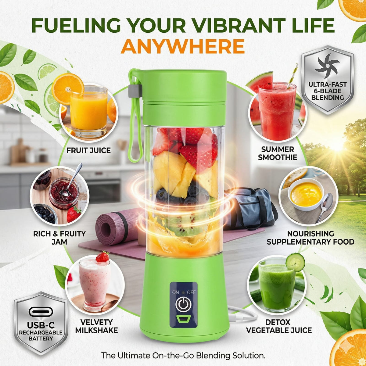 Portable USB-C Rechargeable Blender – 6-Blade High-Speed Personal Smoothie Maker for Fruit Juices