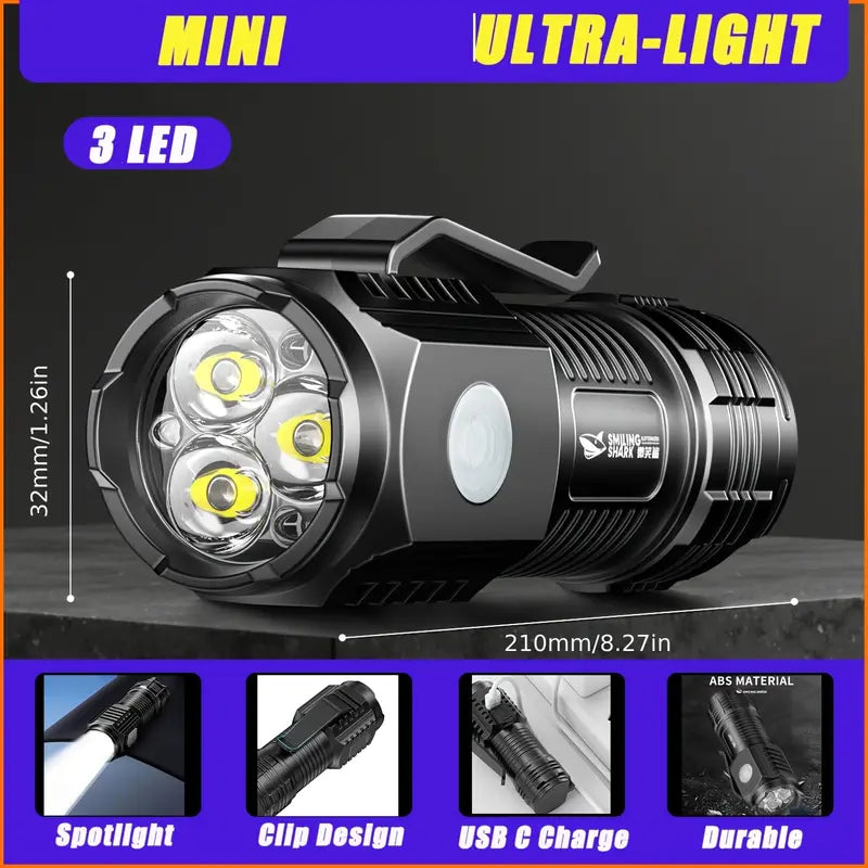 Mini Tactical LED Flashlight – USB Type-C Rechargeable Powerful 3-Light Portable Torch with Compact Design for Home